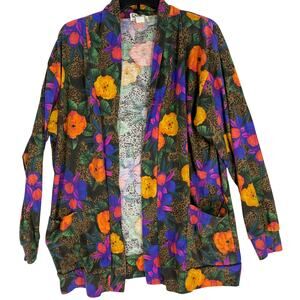 Mondiki Cardigan Jacket L Open Front Vibrant Floral Leopard Print Bold Color